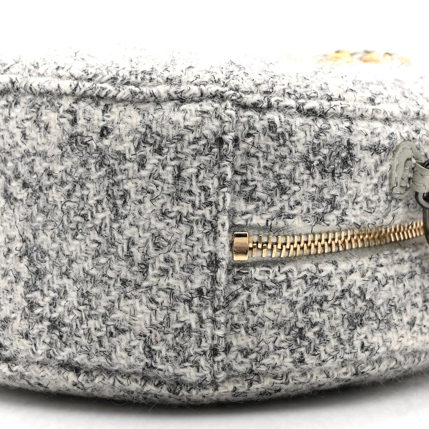 Chanel Wool Tweed Lambskin Quilted Chanel 19 Round Clutch With Chain Grey Ecru 10 of 10
