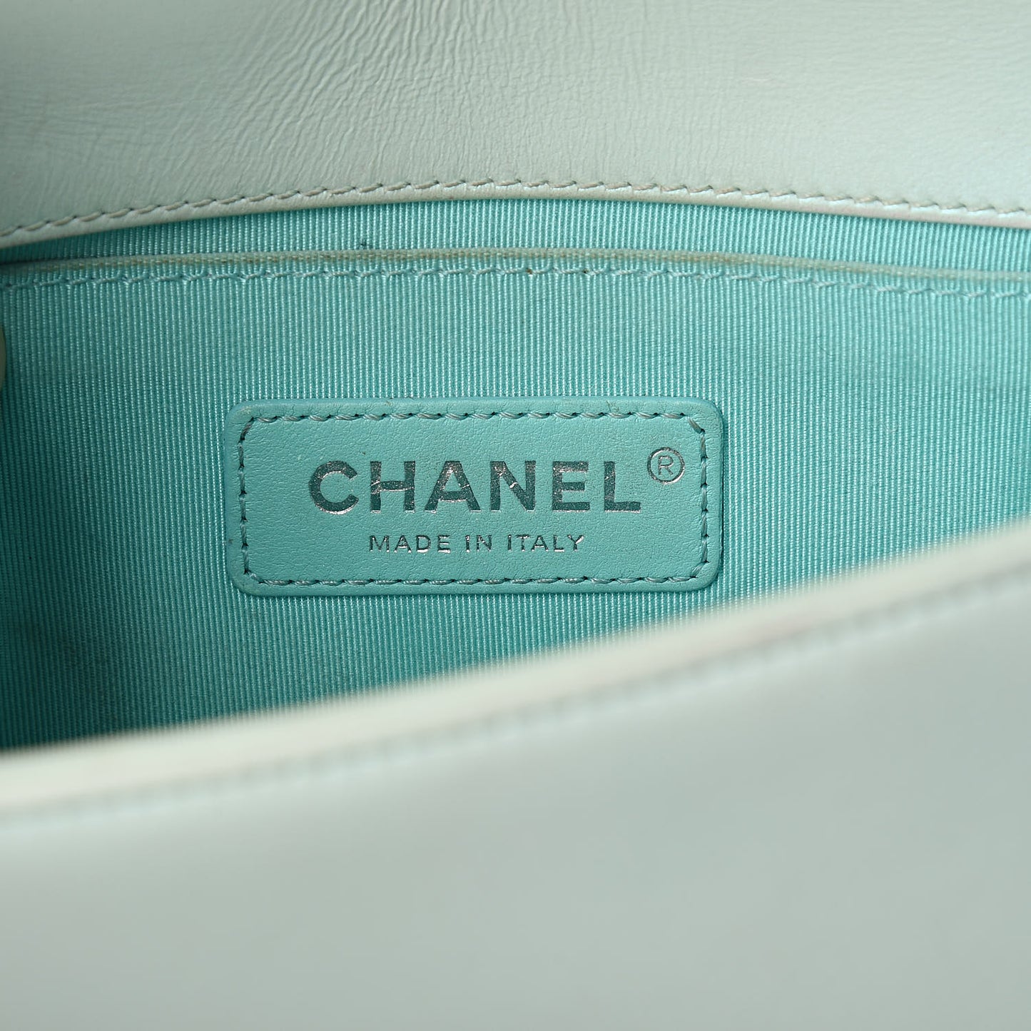 Iridescent Lambskin Chevron Quilted Small Boy Flap Turquoise