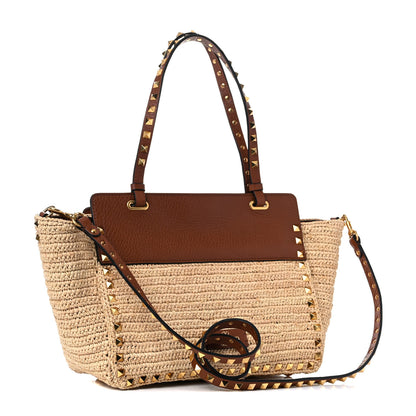 Valentino Garavani Raffia Calfskin Small Rockstud Tote Naturale Saddle Brown 2 of 8