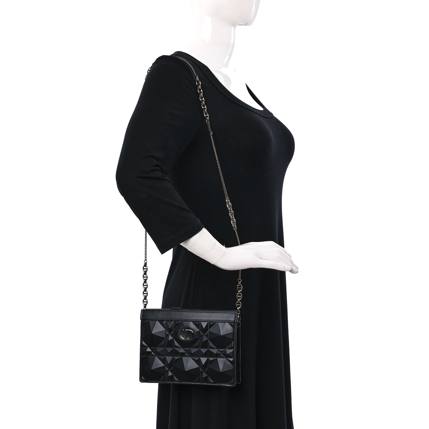 Christian Dior Calfskin Macrocannage Diamond Caro Zipped Pouch With Chain Black 2 of 9