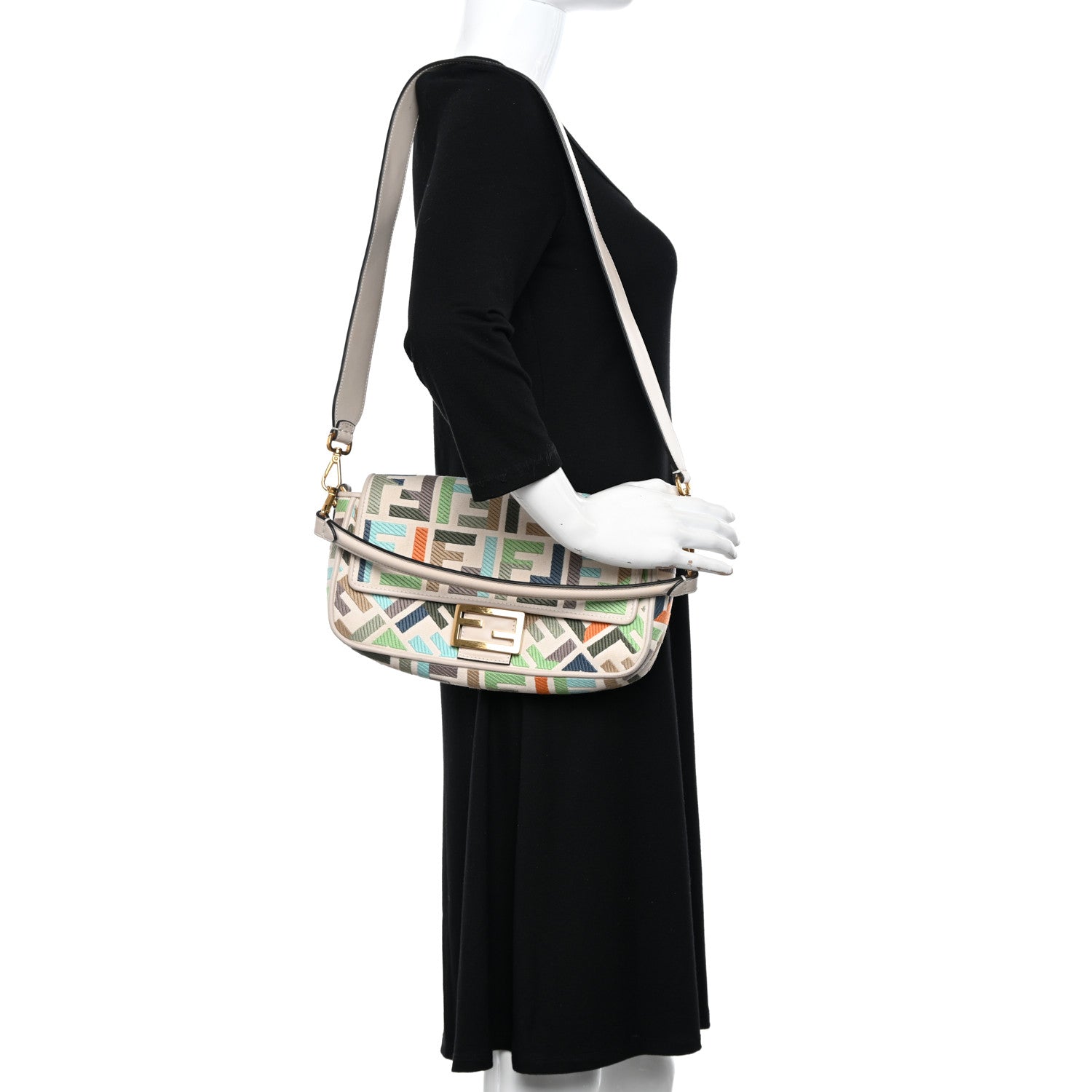 Fendi Canvas Vitello Seta FF Multicolor Embroidered Baguette Grezzo Multicolor Latte 2 of 11