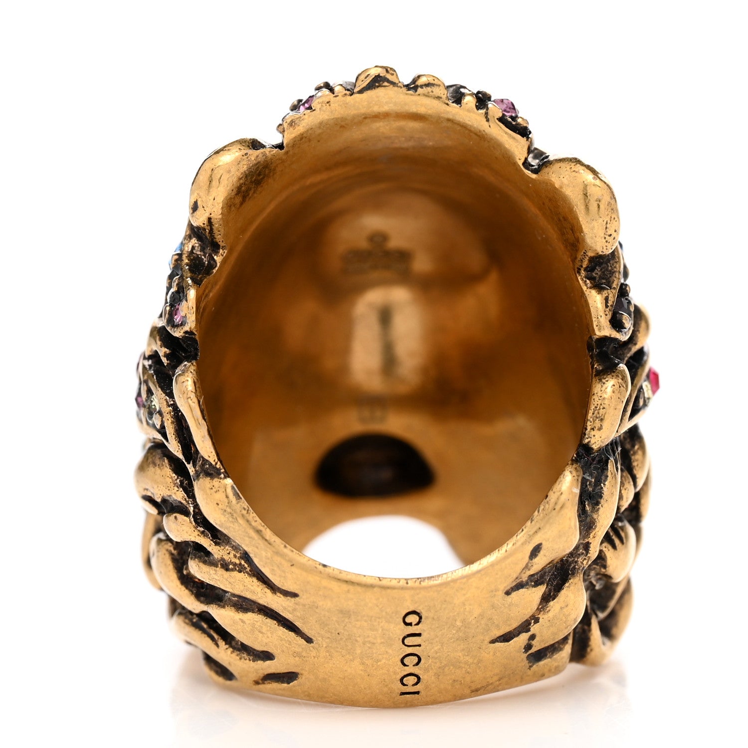 Gucci Metal Crystal Lion Head Ring 13 Aged Gold 3 of 4
