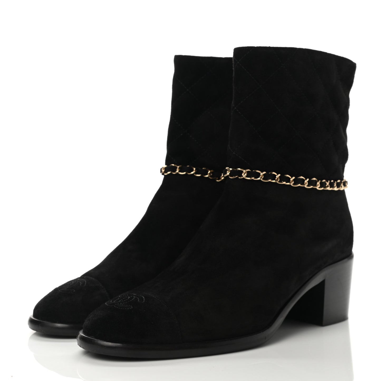 Suede Calfskin Chain CC Cap Toe Short Boots 38.5 Black