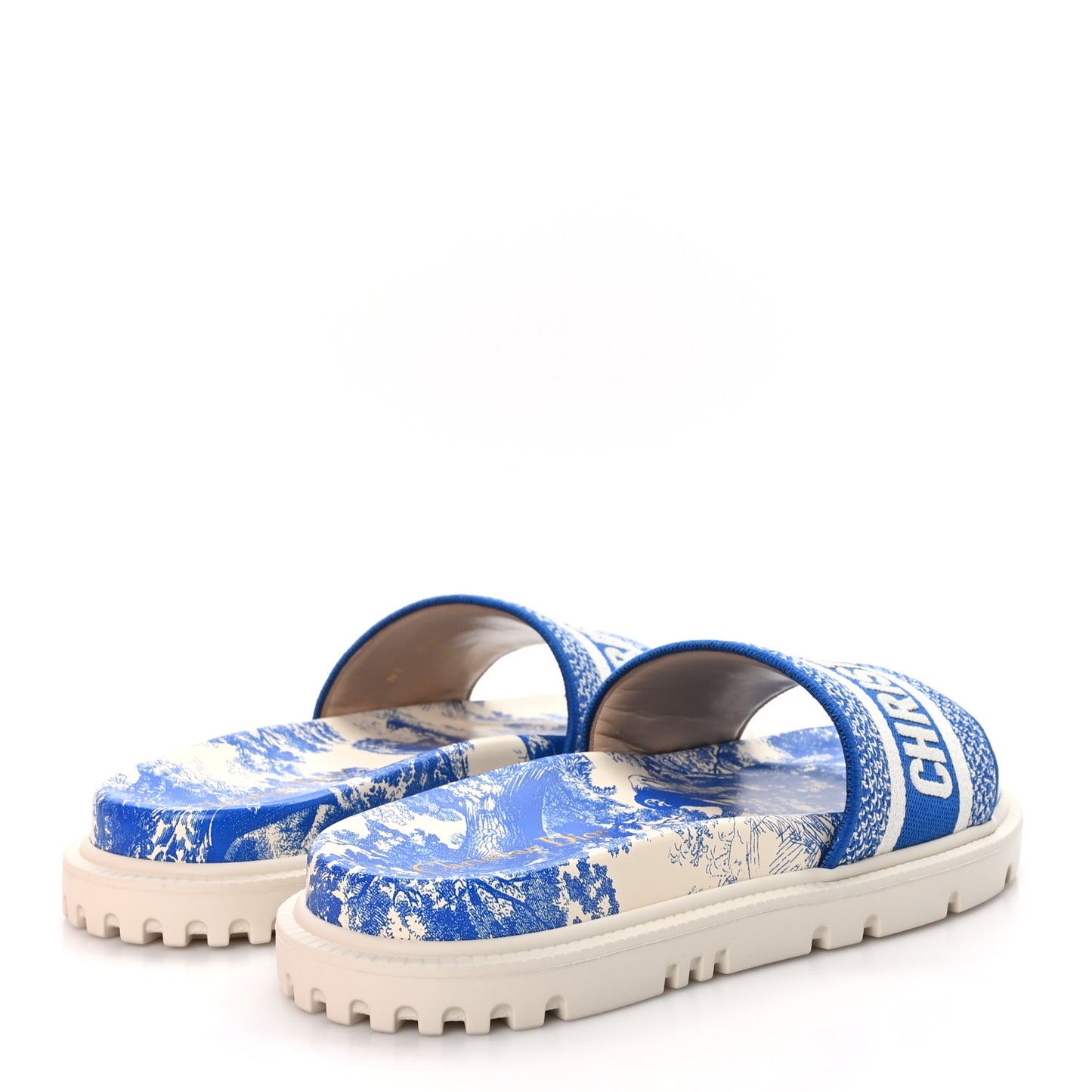 Canvas Toile de Jouy Embroidered Dway 10mm Slide Sandals 37 Off White Blue