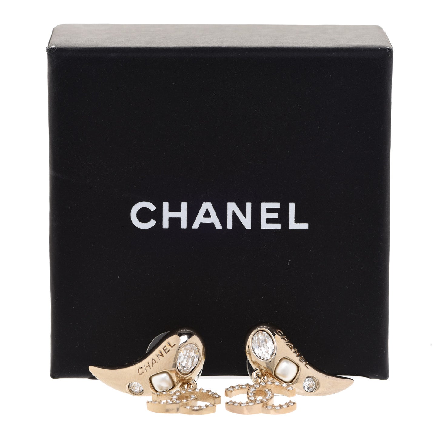 Crystal Pearl CC Drop Earrings Gold