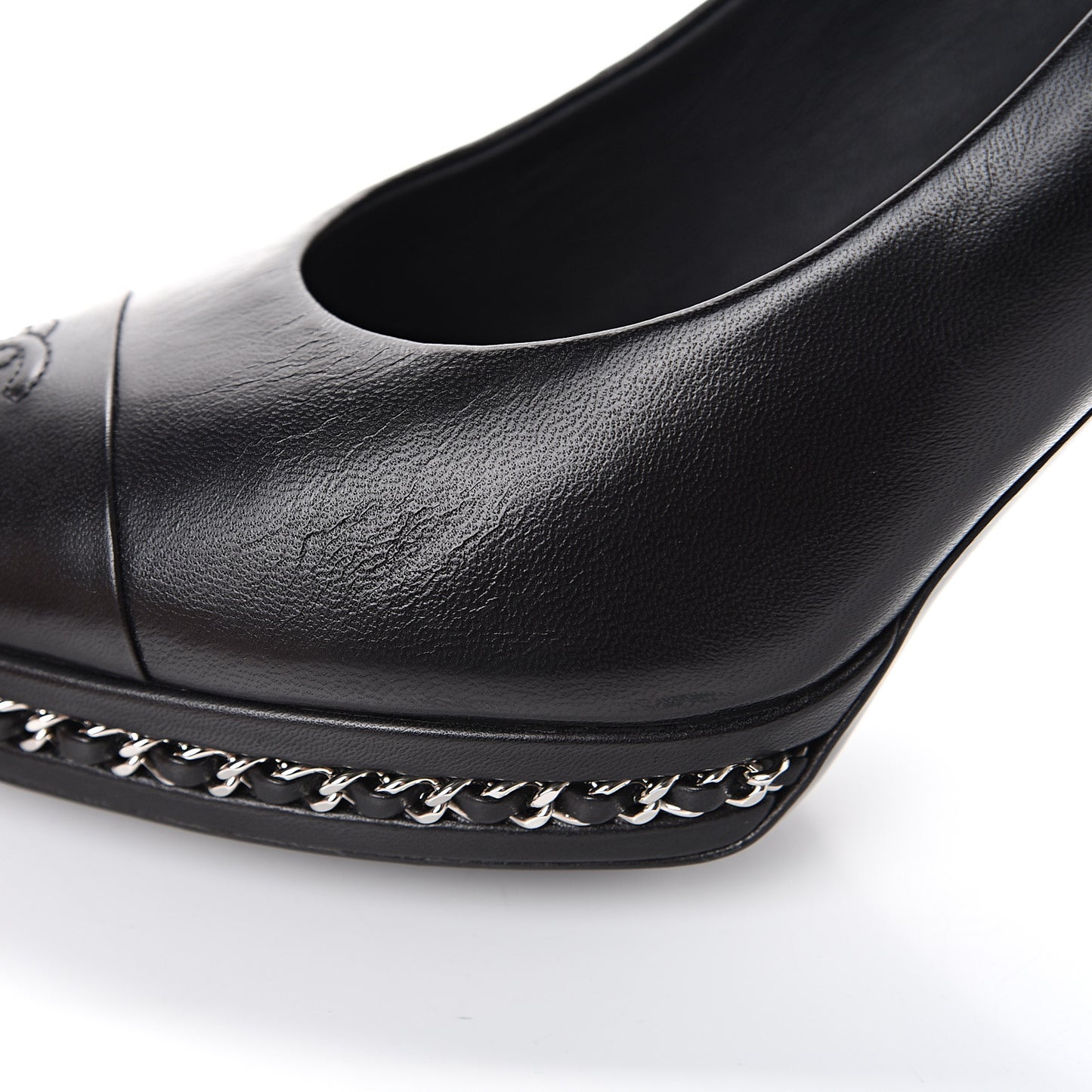 Lambskin CC Cap Toe Platform Chain Pumps 39 Black