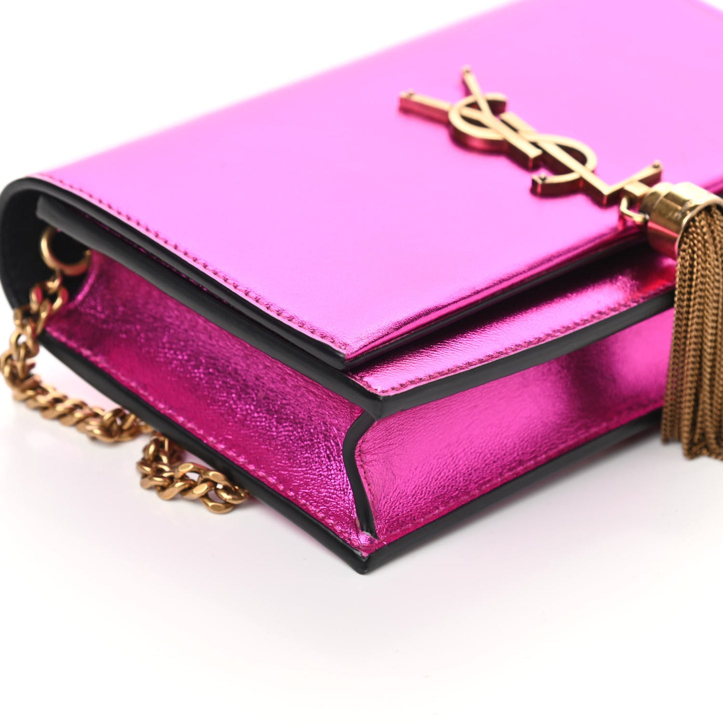 Metallic Calfskin Classic Monogram Kate Tassel Chain Wallet Fuchsia