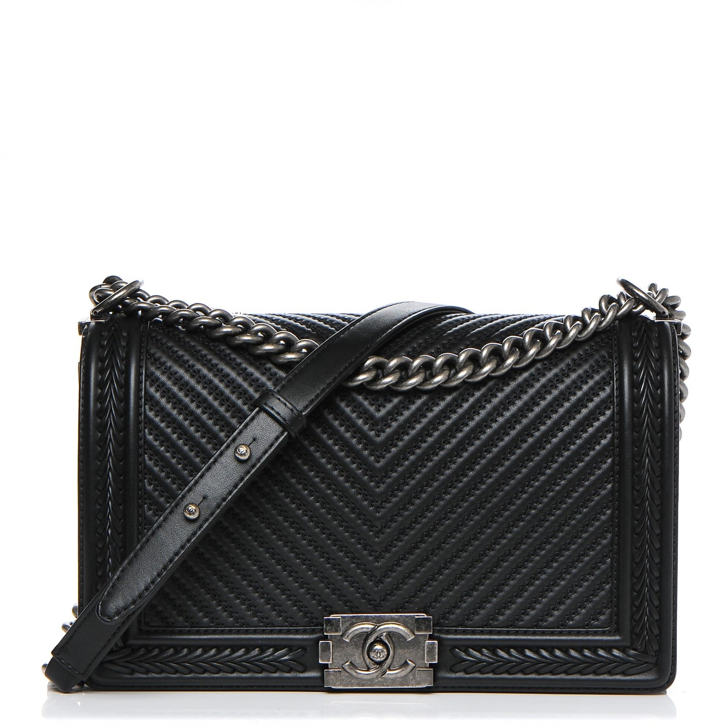 Calfskin Chevron Quilted New Medium Braided Boy Flap Black