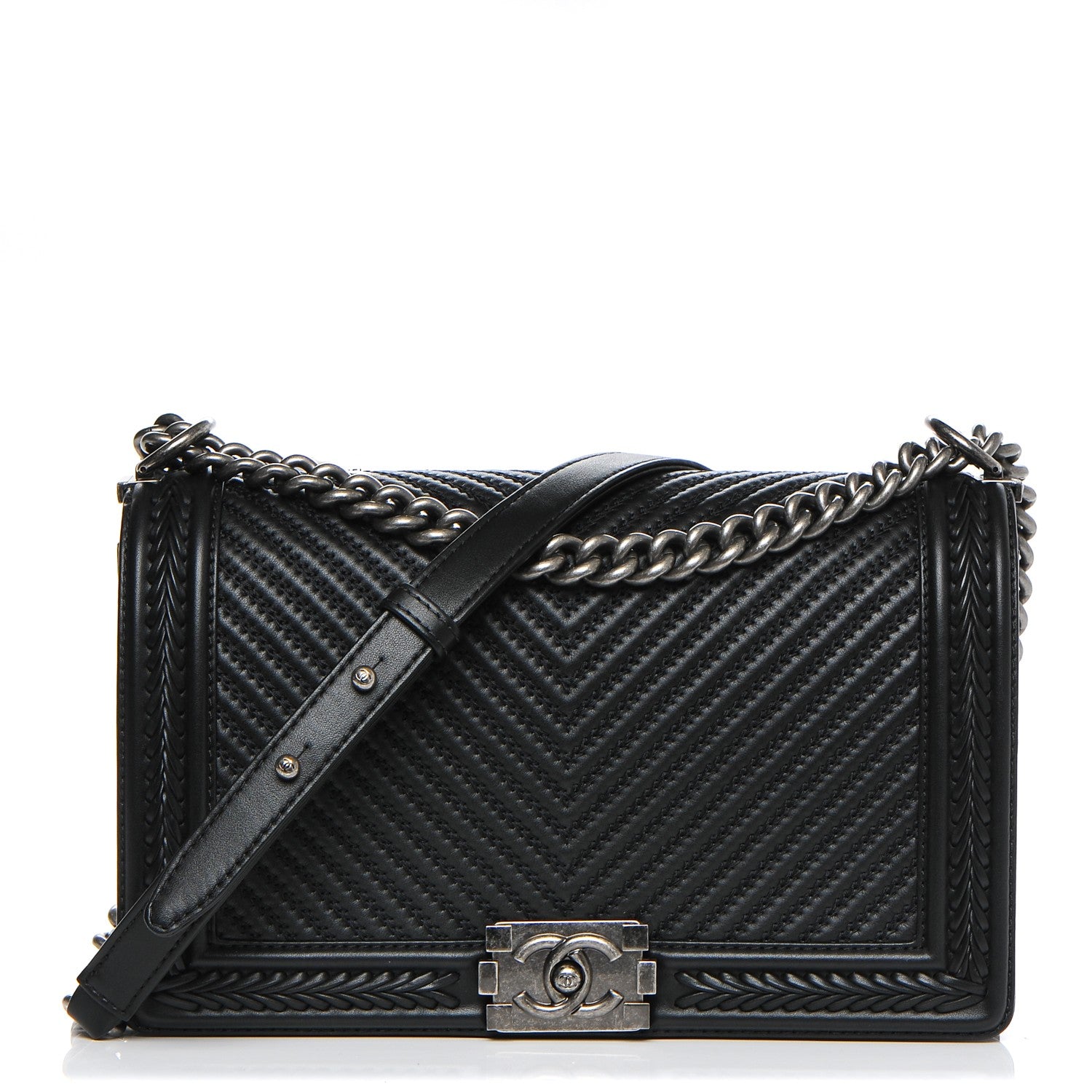 Chanel Calfskin Chevron Quilted New Medium Braided Boy Flap Black 1 of 8