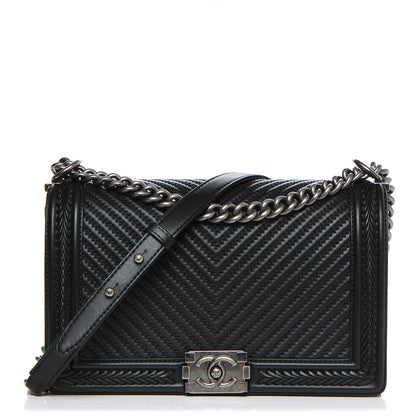 Chanel Calfskin Chevron Quilted New Medium Braided Boy Flap Black 1 of 8