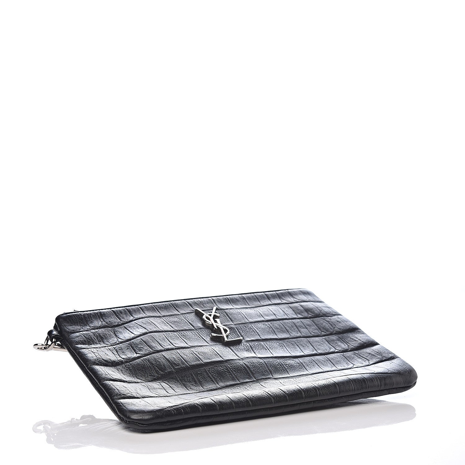 Saint Laurent Calfskin Crocodile Embossed Monogram Zip Pouch Black 3 of 7