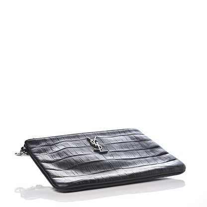 Saint Laurent Calfskin Crocodile Embossed Monogram Zip Pouch Black 3 of 7