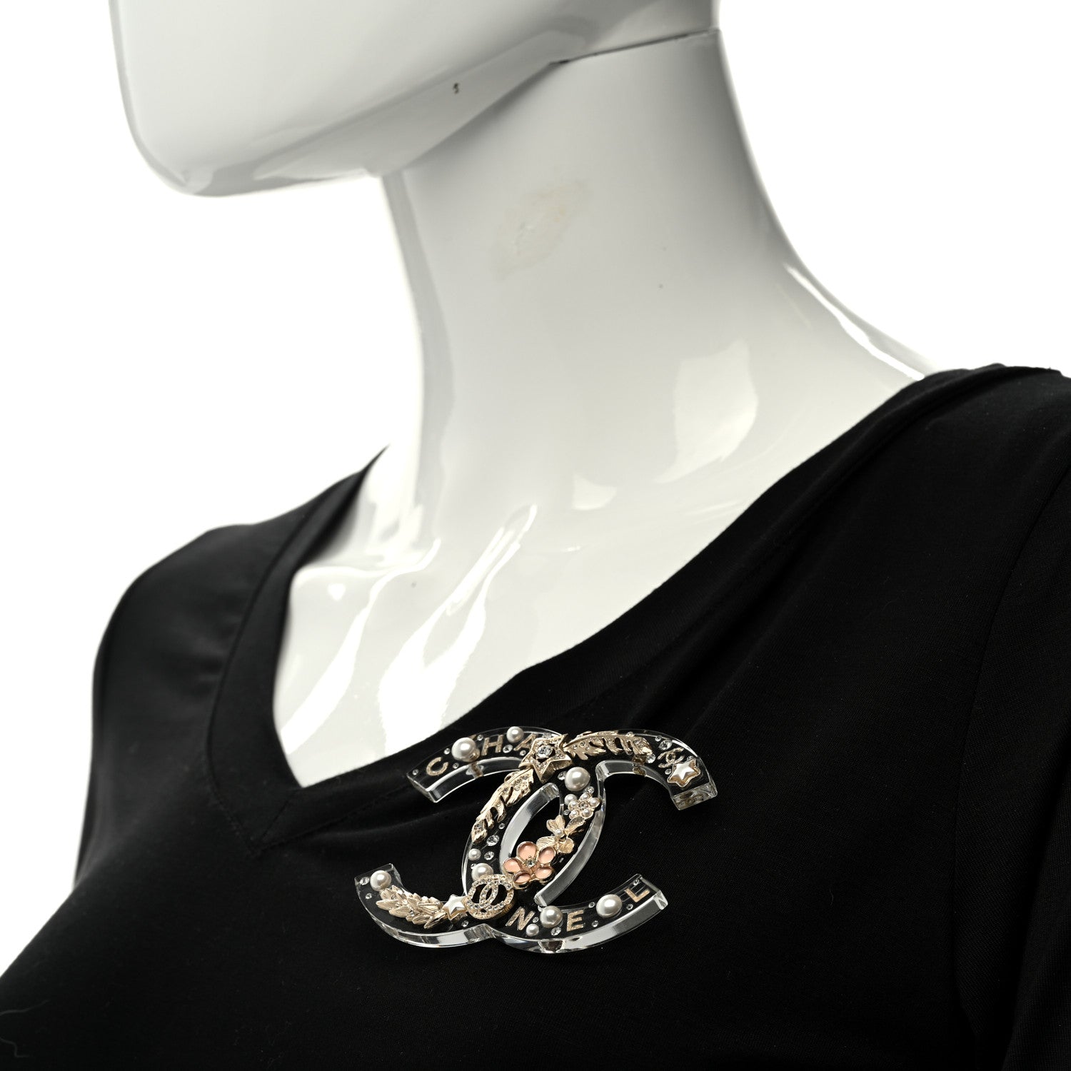 Chanel Resin Pearl Crystal Feather Star CC Brooch Transparent Gold 2 of 4