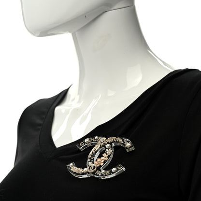 Chanel Resin Pearl Crystal Feather Star CC Brooch Transparent Gold 2 of 4