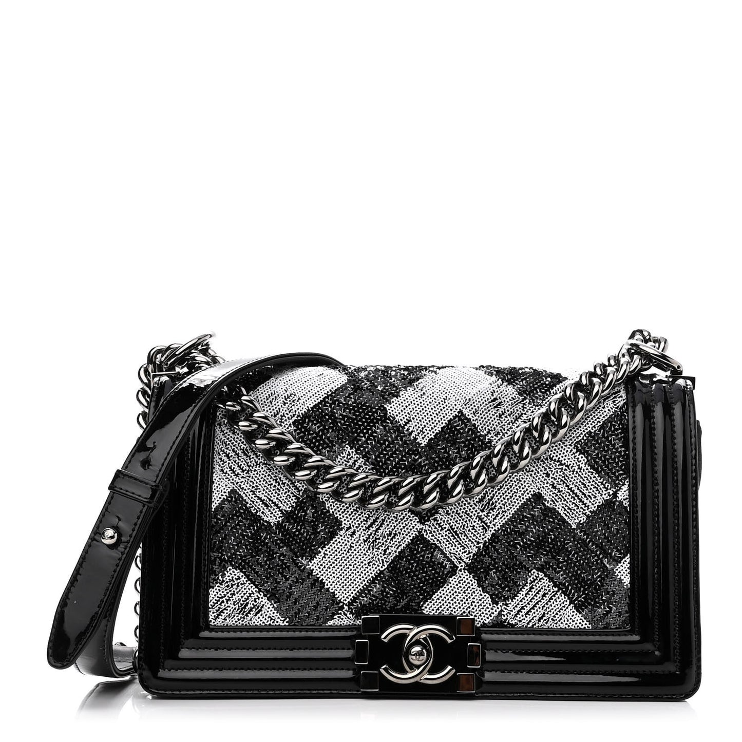 Patent Iridescent Calfskin Sequin Medium Boy Flap Bag Black