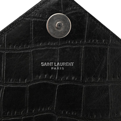 Saint Laurent Calfskin Crocodile Embossed Medium Monogram Envelope Chain Shoulder Bag Black 7 of 11