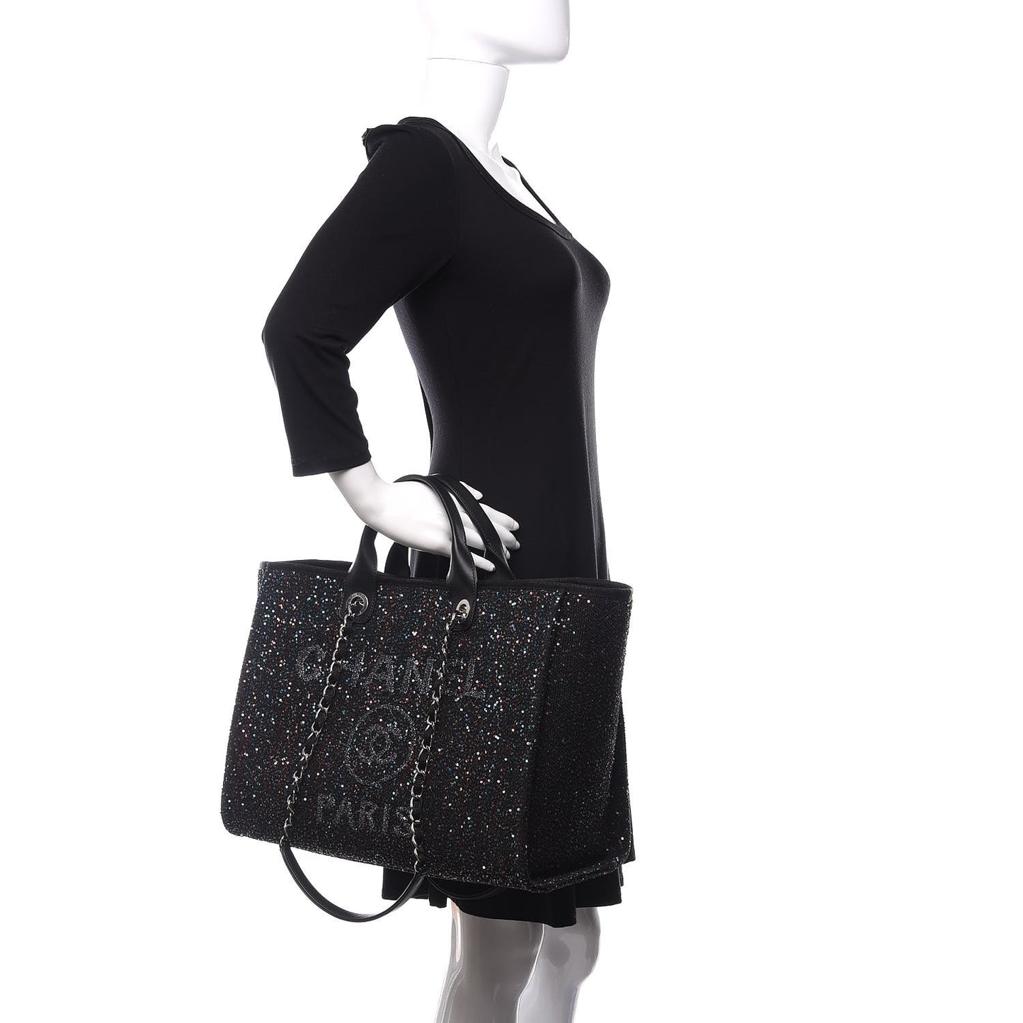 Calfskin Sequin Medium Deauville Tote Black