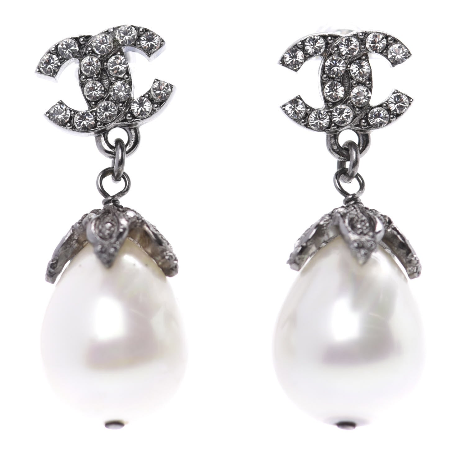 Chanel Crystal Pearl CC Drop Earrings Silver 1 of 4