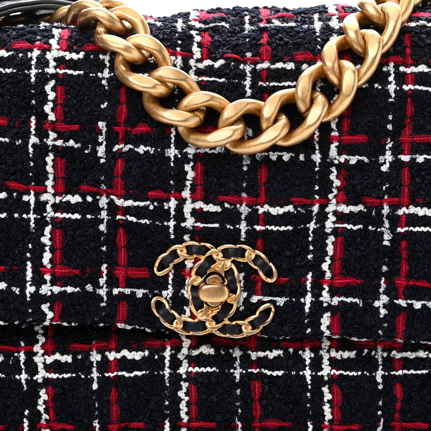 Tweed Quilted Large Chanel 19 Flap Navy Blue White Red