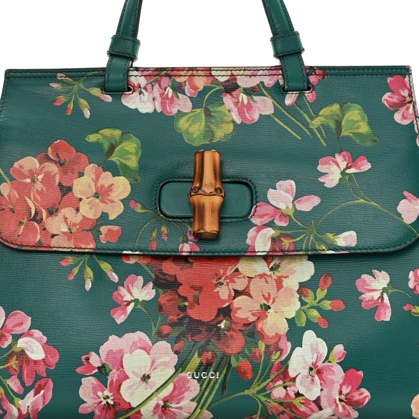 Shangai Calfskin Blooms Print Medium Bamboo Daily Top Handle Bag Clear Bright Emerald Multicolor