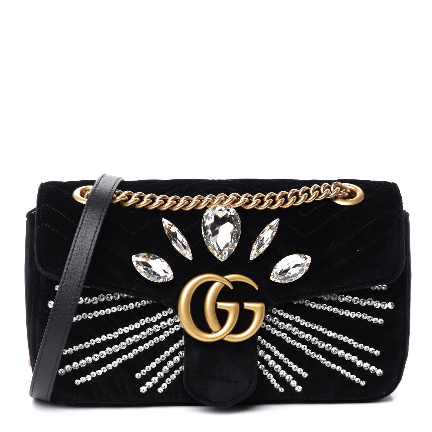 Velvet Matelasse Marquise Crystals Embroidered Small GG Marmont Shoulder Bag Black