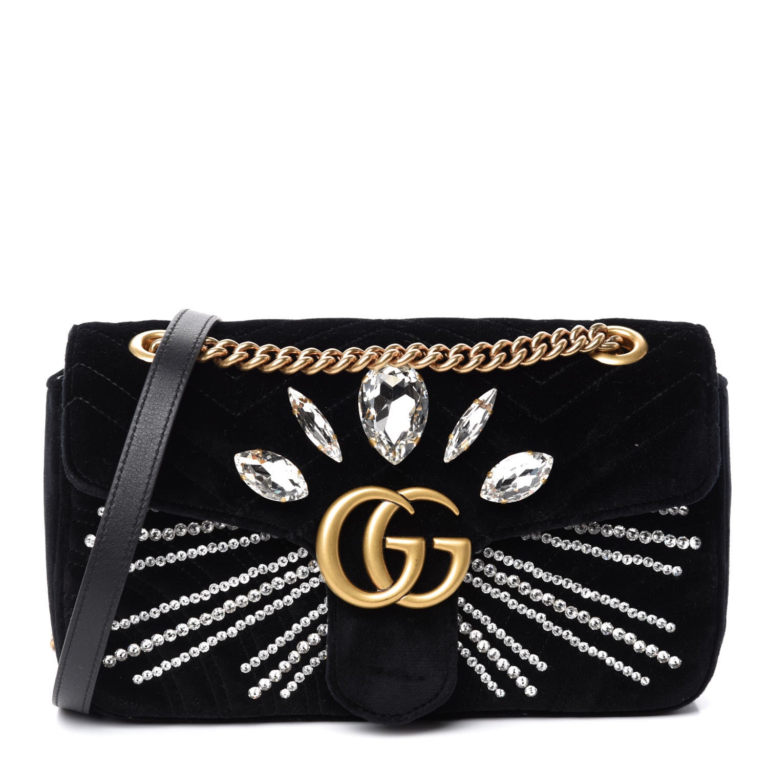 Gucci Velvet Matelasse Marquise Crystals Embroidered Small GG Marmont Shoulder Bag Black 1 of 11