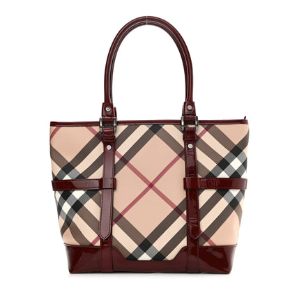 Burberry Patent Nova Check Medium Denham Tote Dark Red 1 of 11
