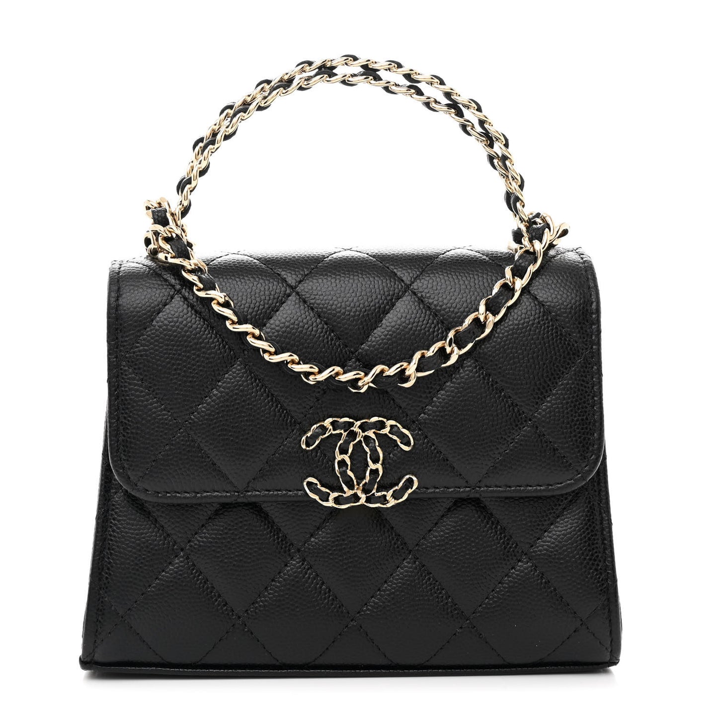 Caviar Quilted Double Chain Top Handle Flap With Chain Black