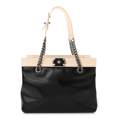 Chanel Glazed Calfskin Boy Tote Black Beige 1 of 10