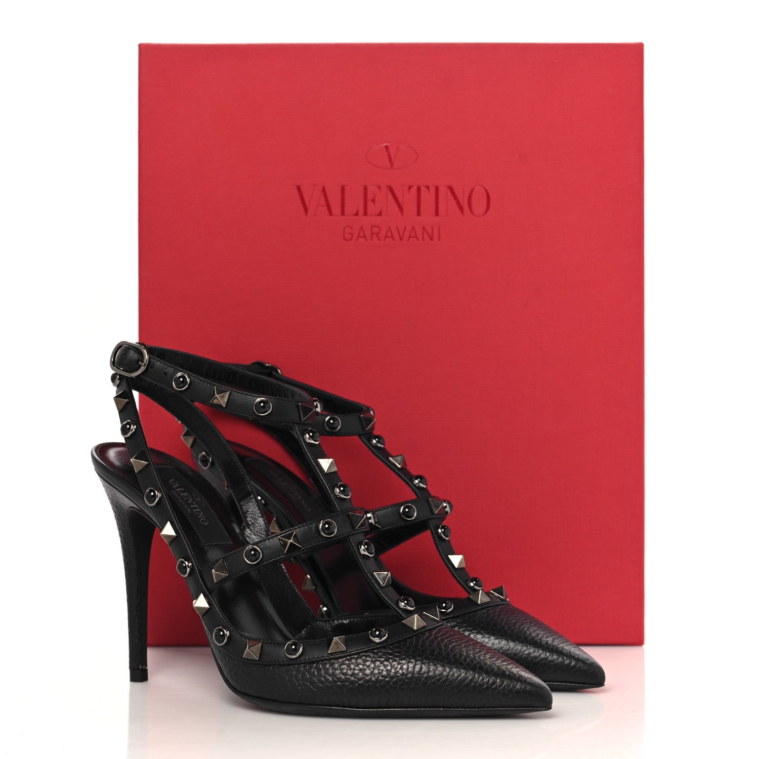 Valentino Garavani Pebbled Calfskin Onyx Rockstud Rolling Ankle Strap 100mm Pumps 37 Black 10 of 10