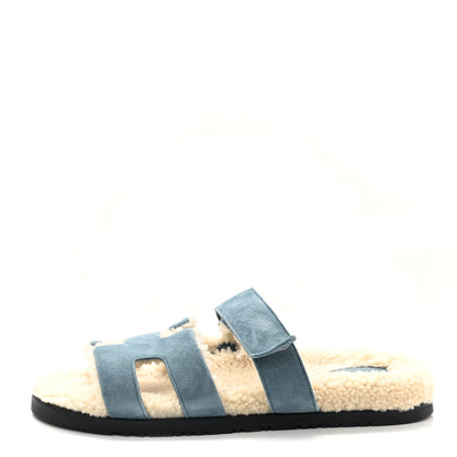 Hermes Suede Goatskin Woolskin Womens Chypre Sandals 40.5 Bleu Pinede Ecru 1 of 8