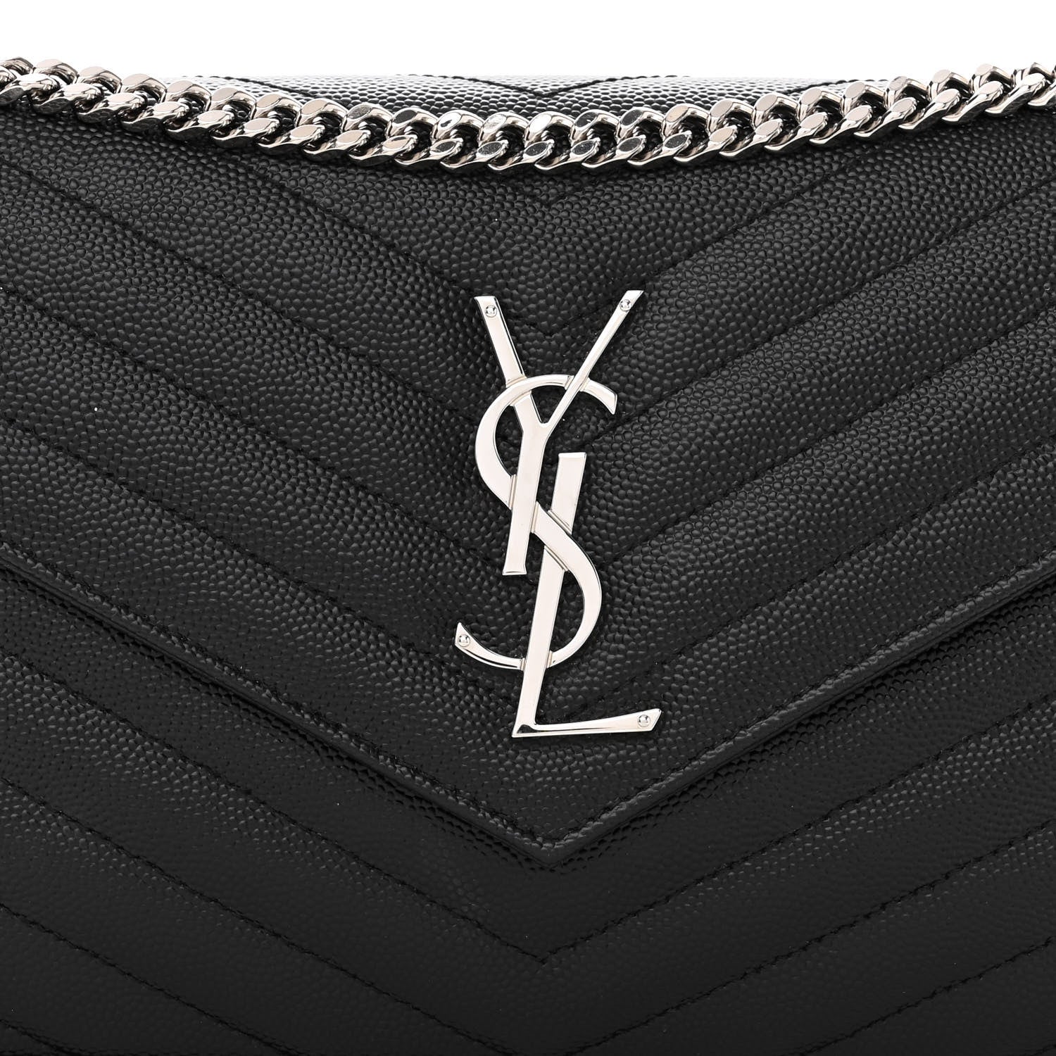 Saint Laurent Grain De Poudre Matelasse Chevron Monogram Chain Wallet Black 7 of 9