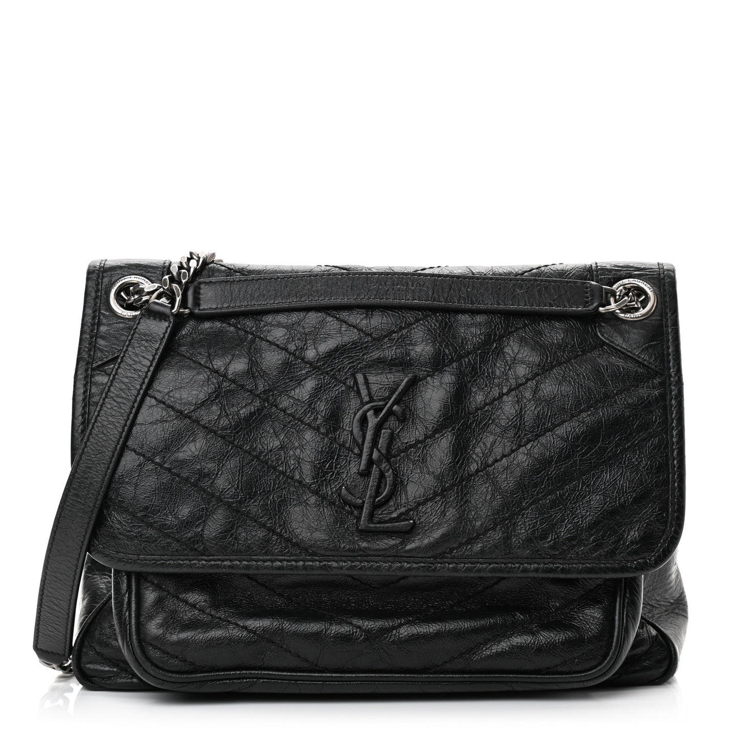 Crinkled Calfskin Matelasse Monogram Medium Niki Chain Satchel Black
