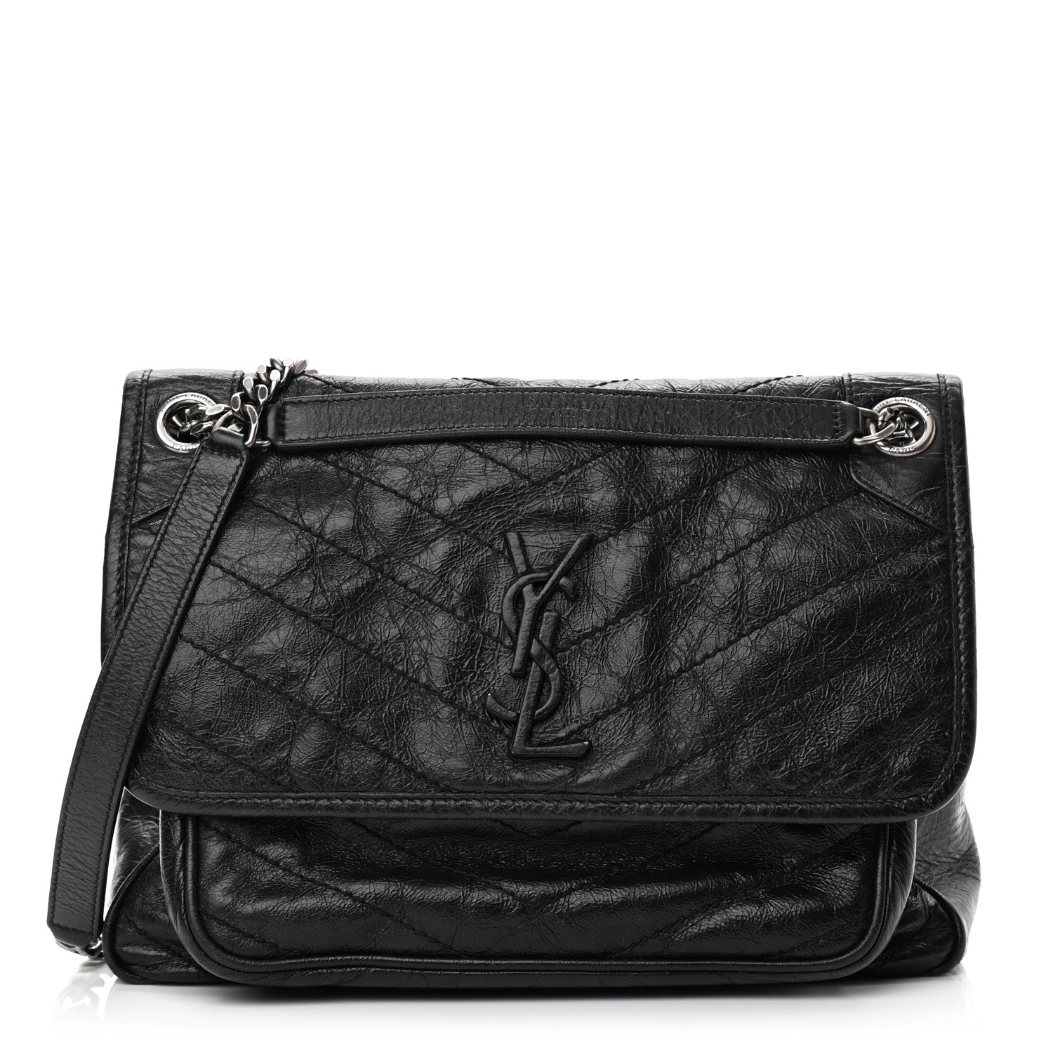 Saint Laurent Crinkled Calfskin Matelasse Monogram Medium Niki Chain Satchel Black 1 of 14