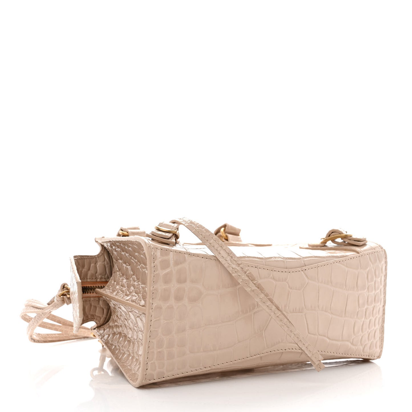 Shiny Supple Calfskin Crocodile Embossed Neo Classic Gold Hardware Mini City Light Beige