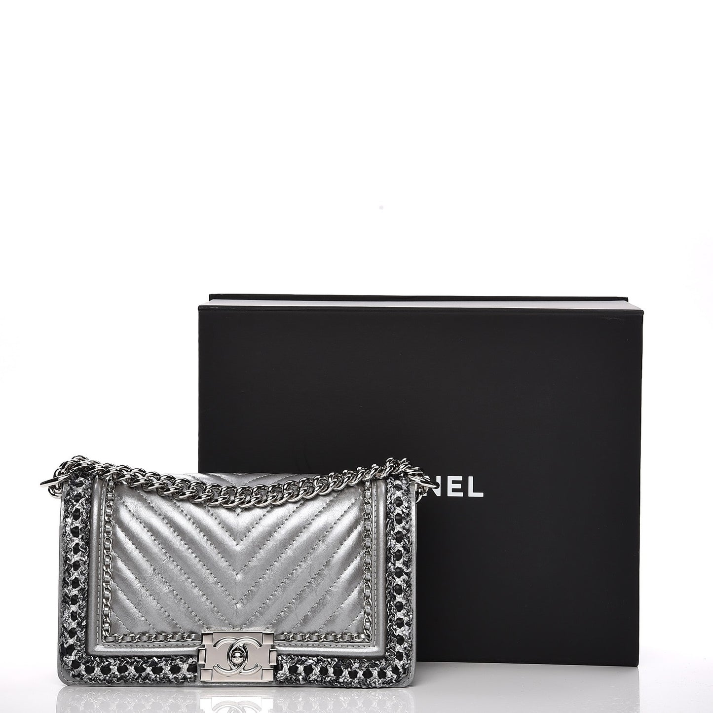 Metallic Calfskin Chevron Quilted Medium Boy Chained Flap Silver