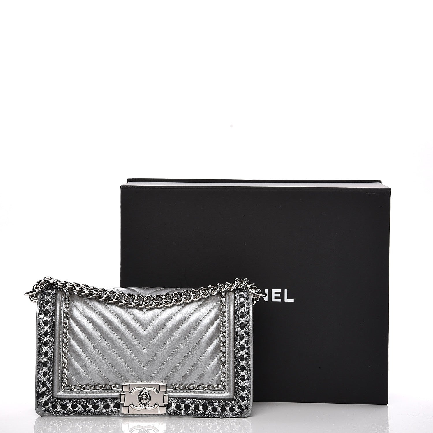 Chanel Metallic Calfskin Chevron Quilted Medium Boy Chained Flap Silver 10 of 10