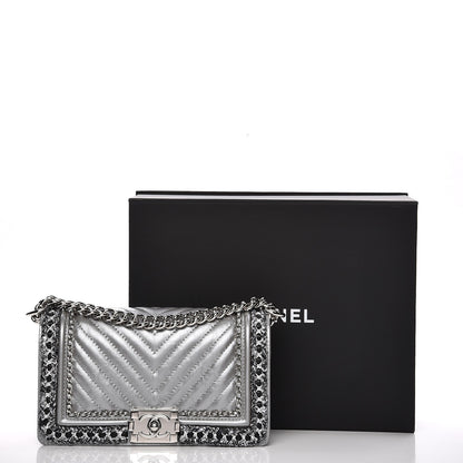 Chanel Metallic Calfskin Chevron Quilted Medium Boy Chained Flap Silver 10 of 10
