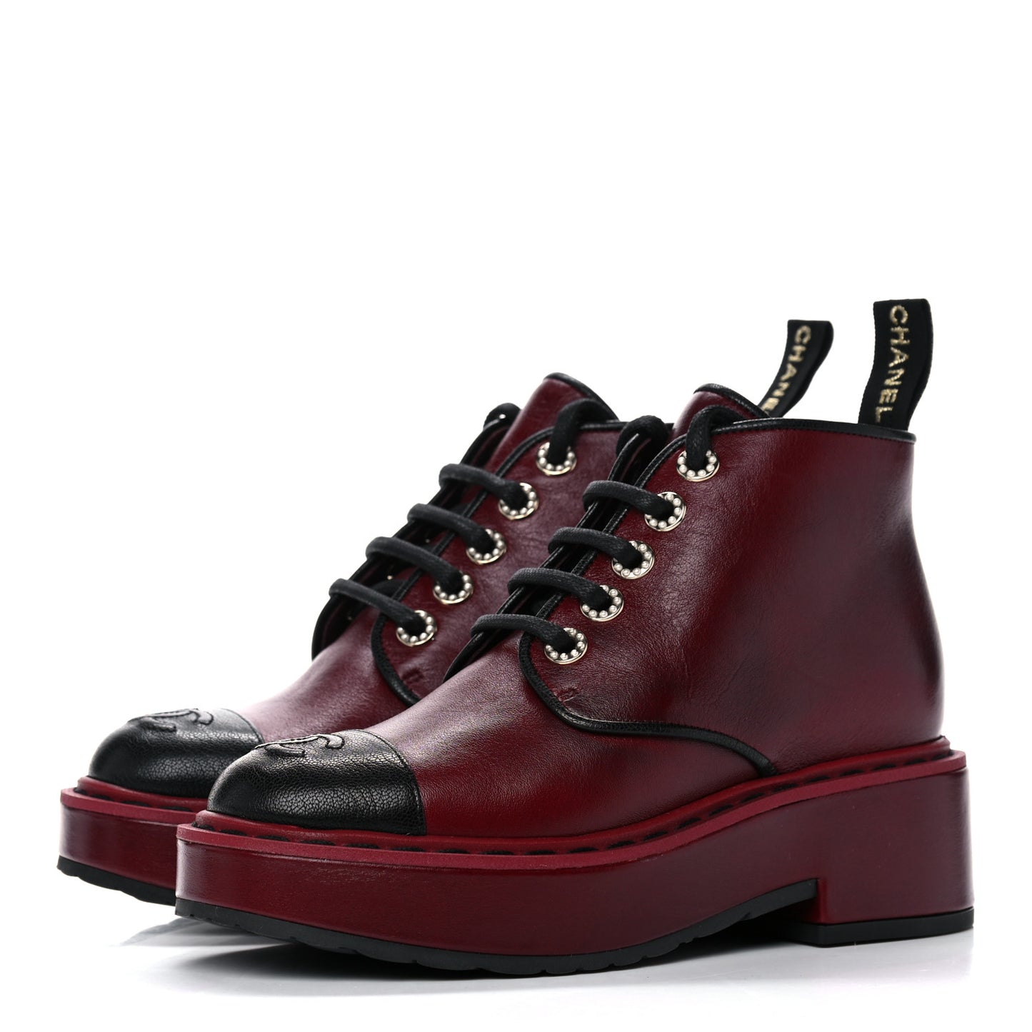 Shiny Calfskin Pearl Lace Up Combat Short Boots 35 Burgundy Black
