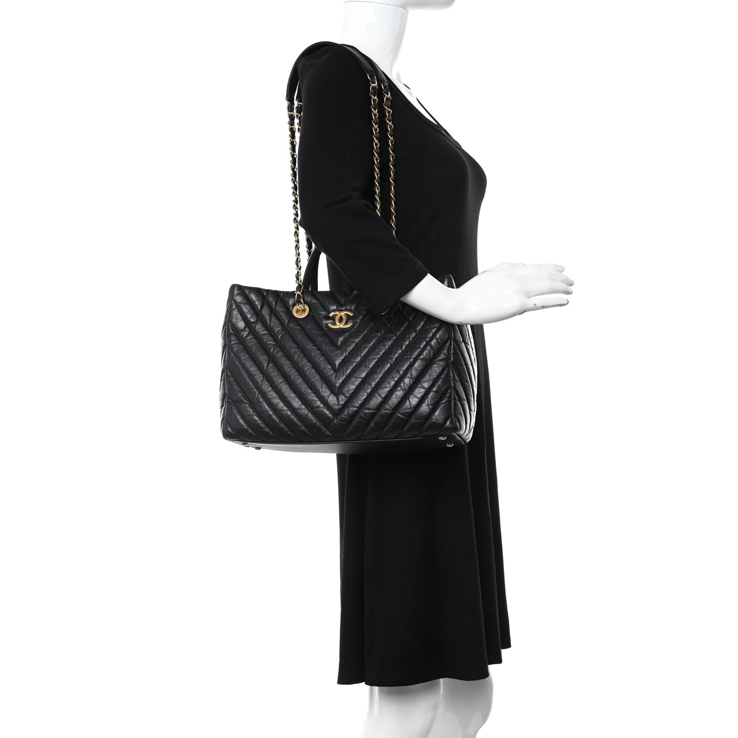 Aged Calfskin Chevron Coco Handle Shopping Tote Black