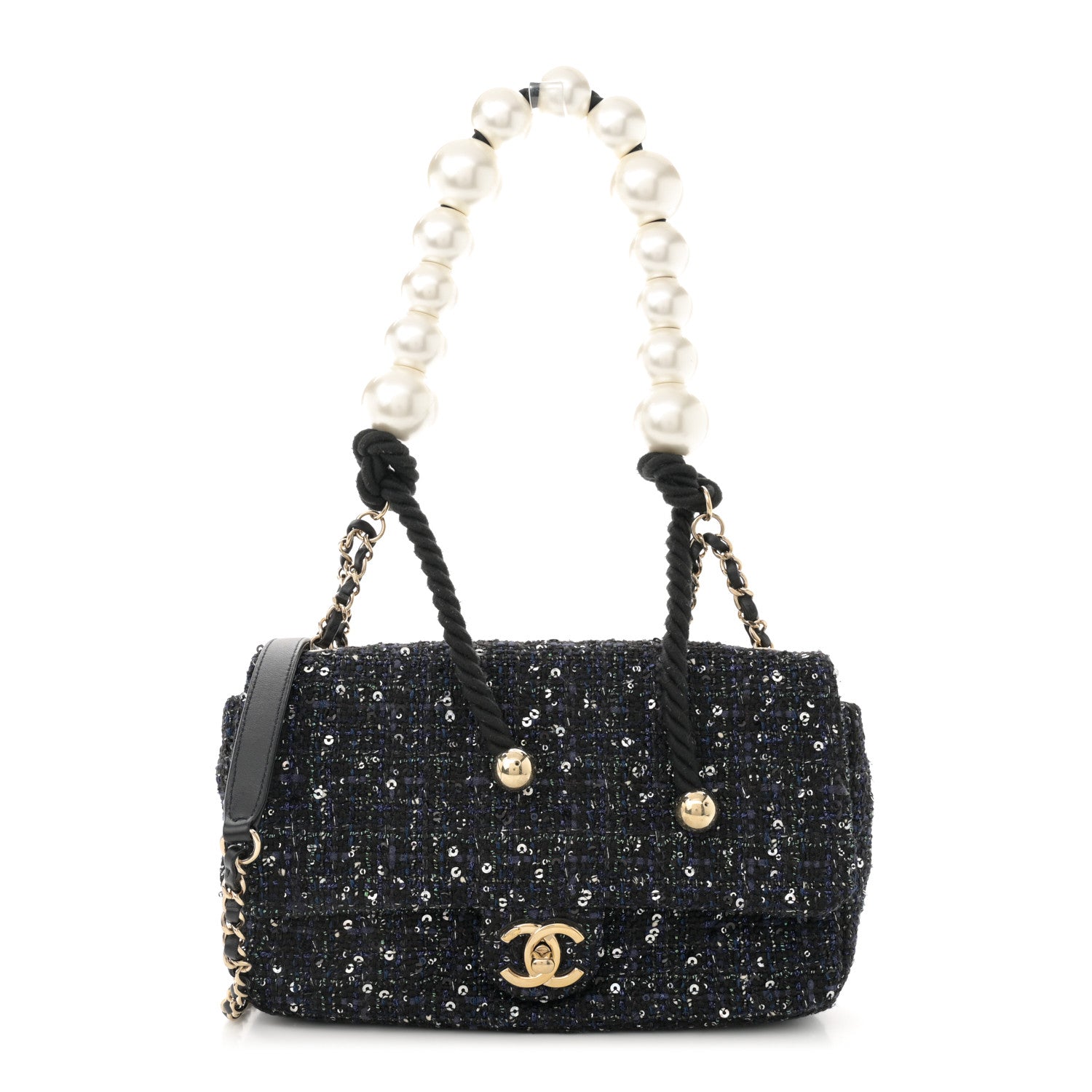 Chanel Tweed Medium Pearl Handle Flap Black Ecru 1 of 11