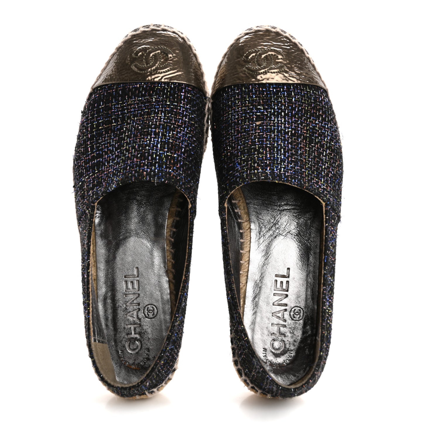 Metallic Tweed Patent CC Espadrilles 37 Black Silver
