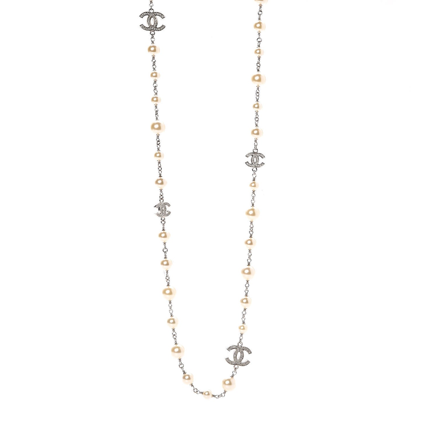 Crystal Pearl CC Long Necklace Silver