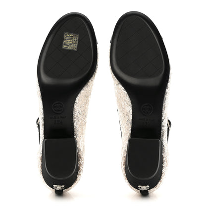 Chanel Glittered Tulle Sequin Grosgrain Cap Toe CC Mary Jane Pumps 36.5 Light Pink Black 7 of 10