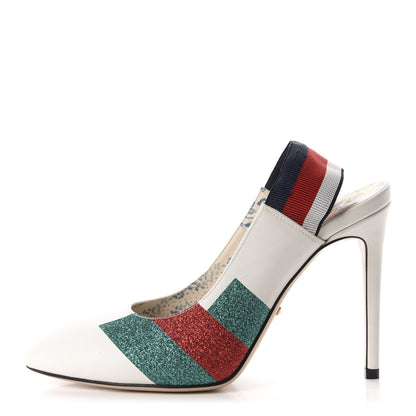 Gucci Calfskin Glitter Web High Heel Slingback Pumps 37.5 White 1 of 12