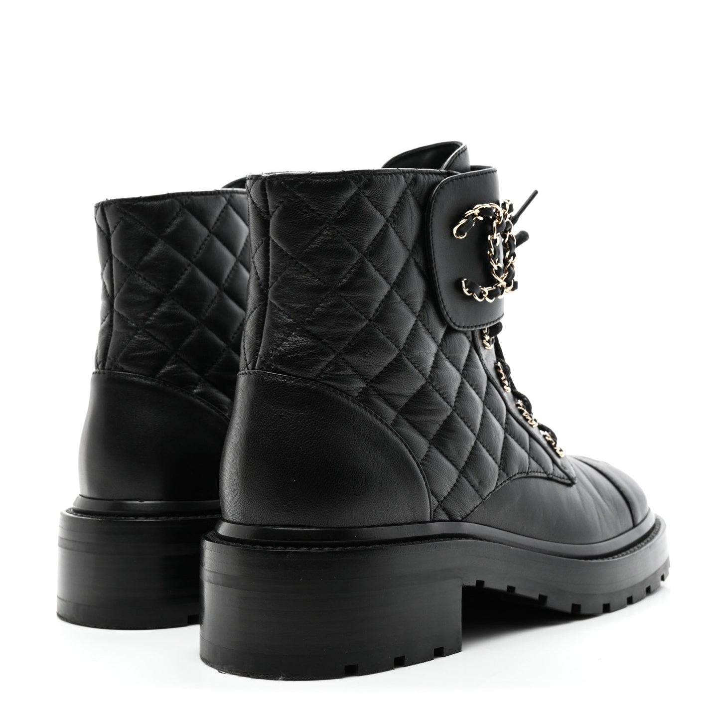 Shiny Goatskin Calfskin Quilted Lace Up Combat Boots 37.5 Black