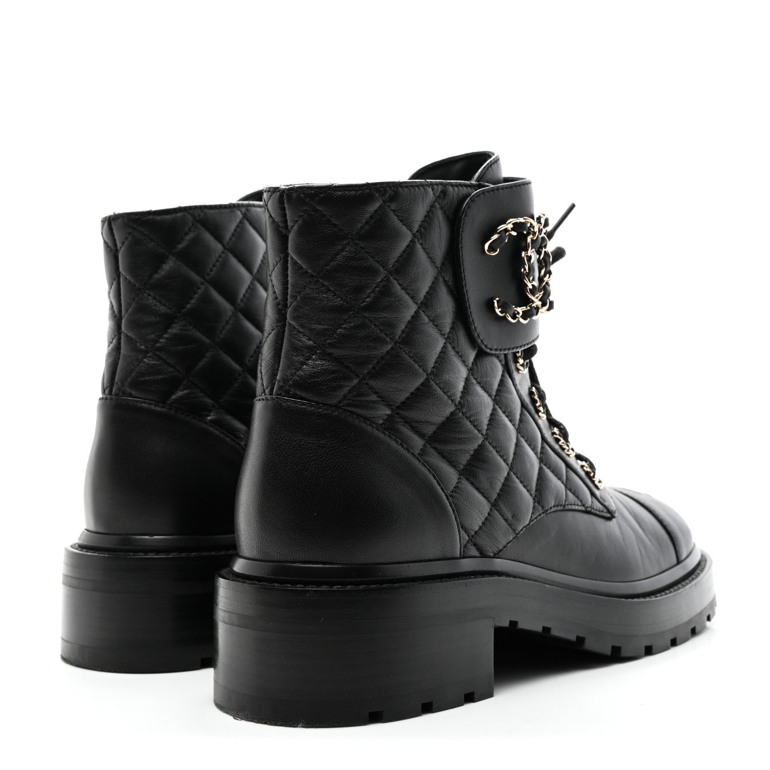 Chanel Shiny Goatskin Calfskin Quilted Lace Up Combat Boots 37.5 Black 4 of 10