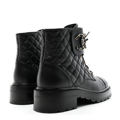 Chanel Shiny Goatskin Calfskin Quilted Lace Up Combat Boots 37.5 Black 4 of 10