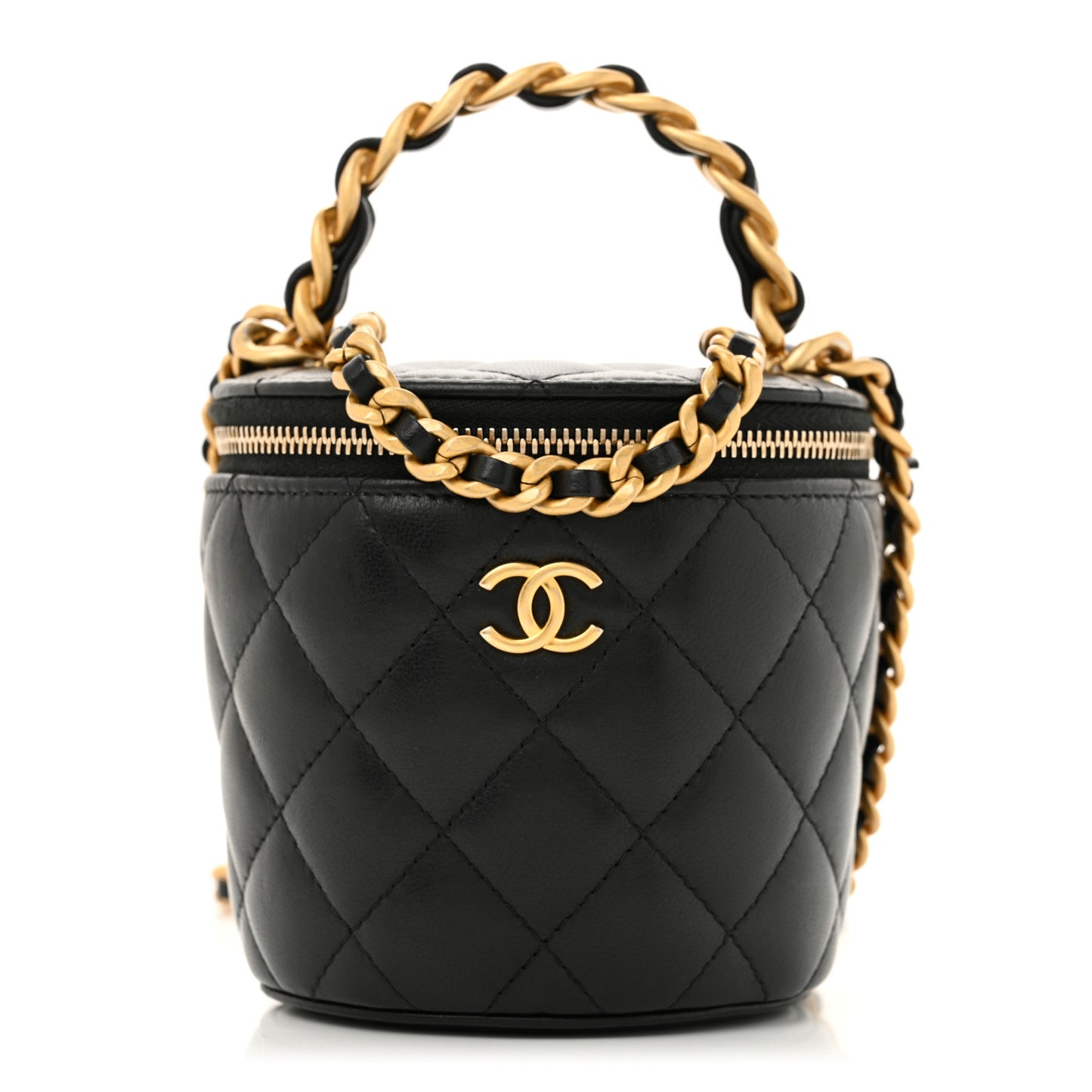 Lambskin Quilted Afternoon Tea Top Handle Vanity Case With Chain Black