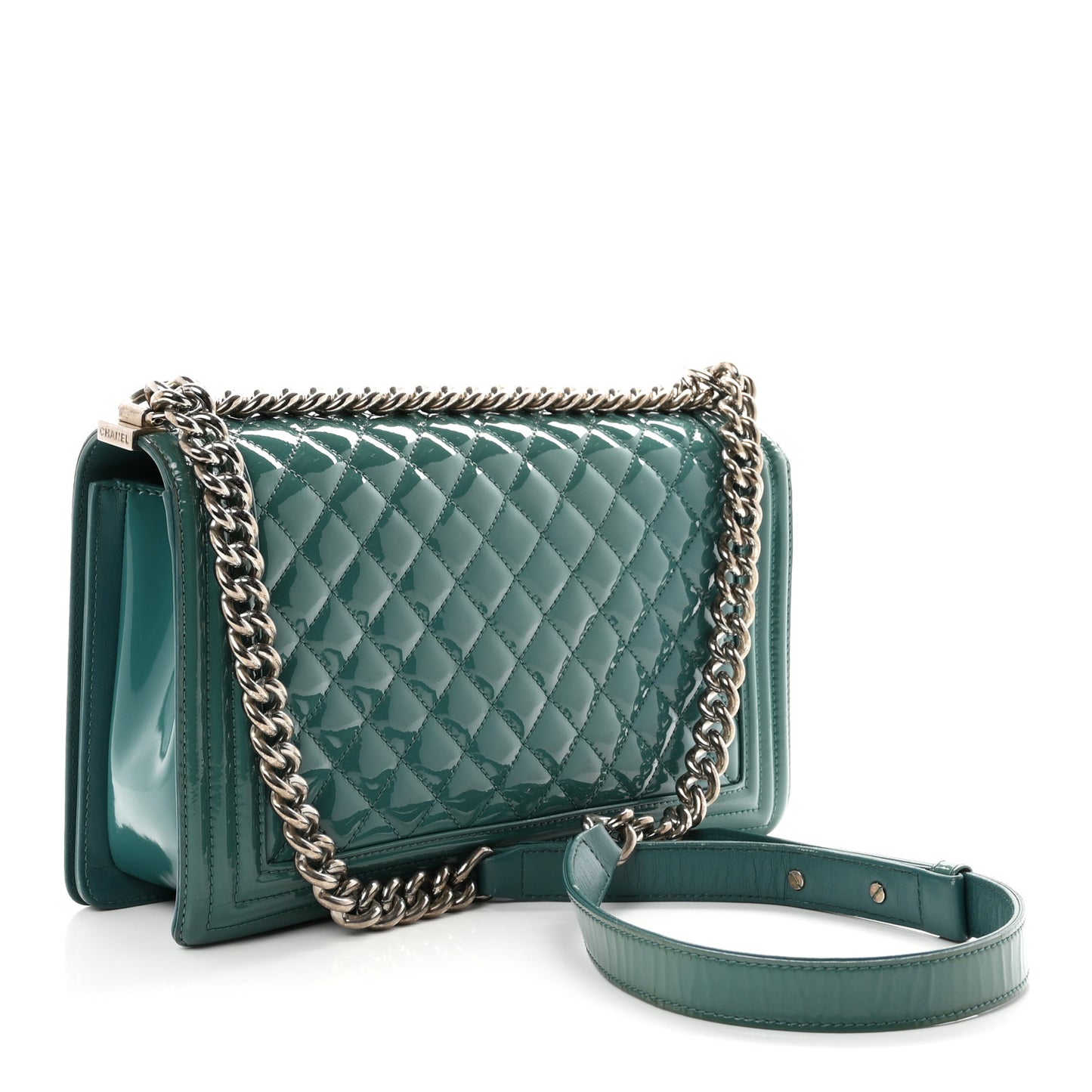 Patent Calfskin Quilted New Medium Plexiglass Boy Flap Turquoise